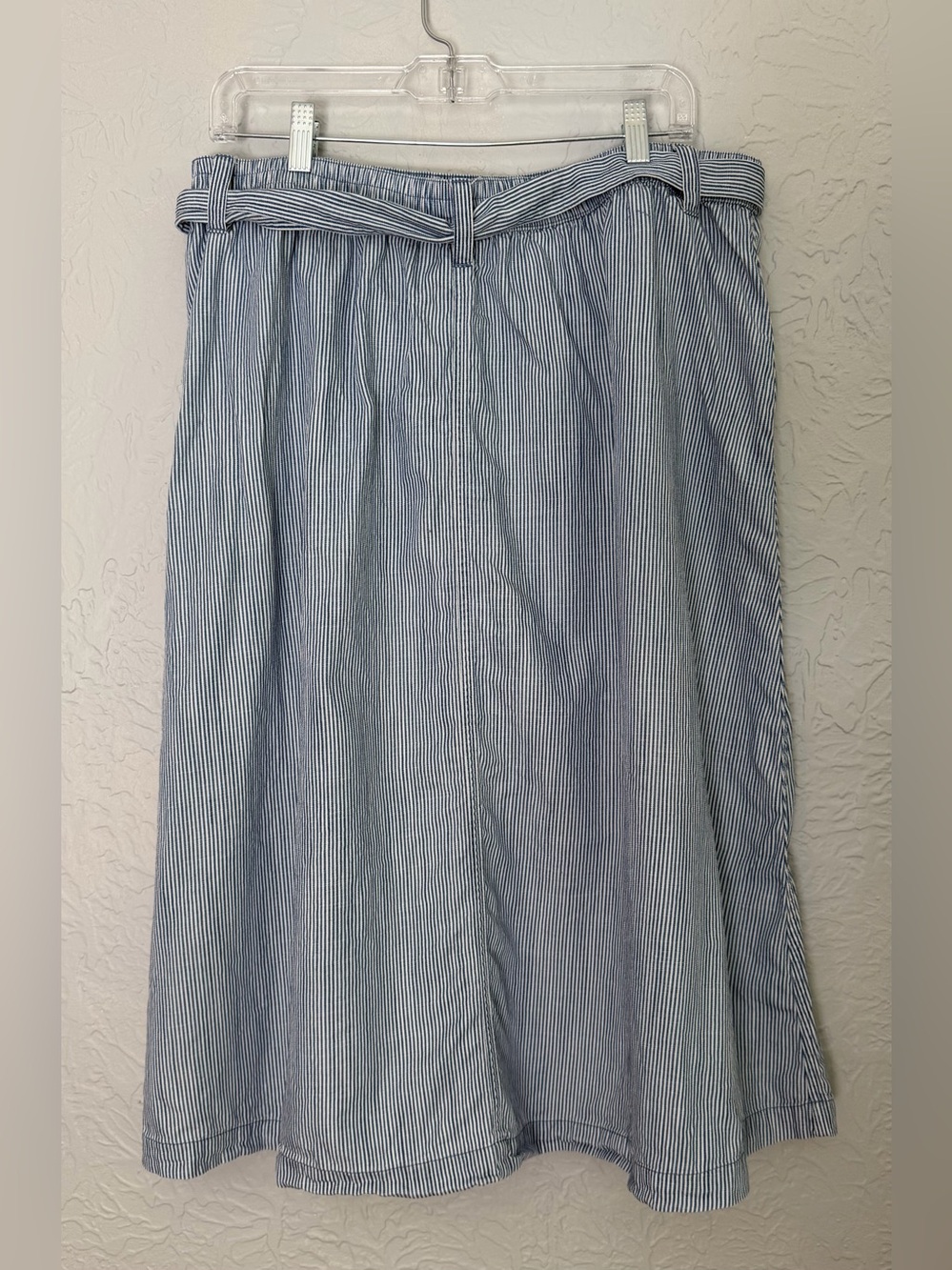 Lands’ End Womens Skirt Midi Large Pull On Fabric Belt Blue White Stripe Pockets - Picture 4 of 13